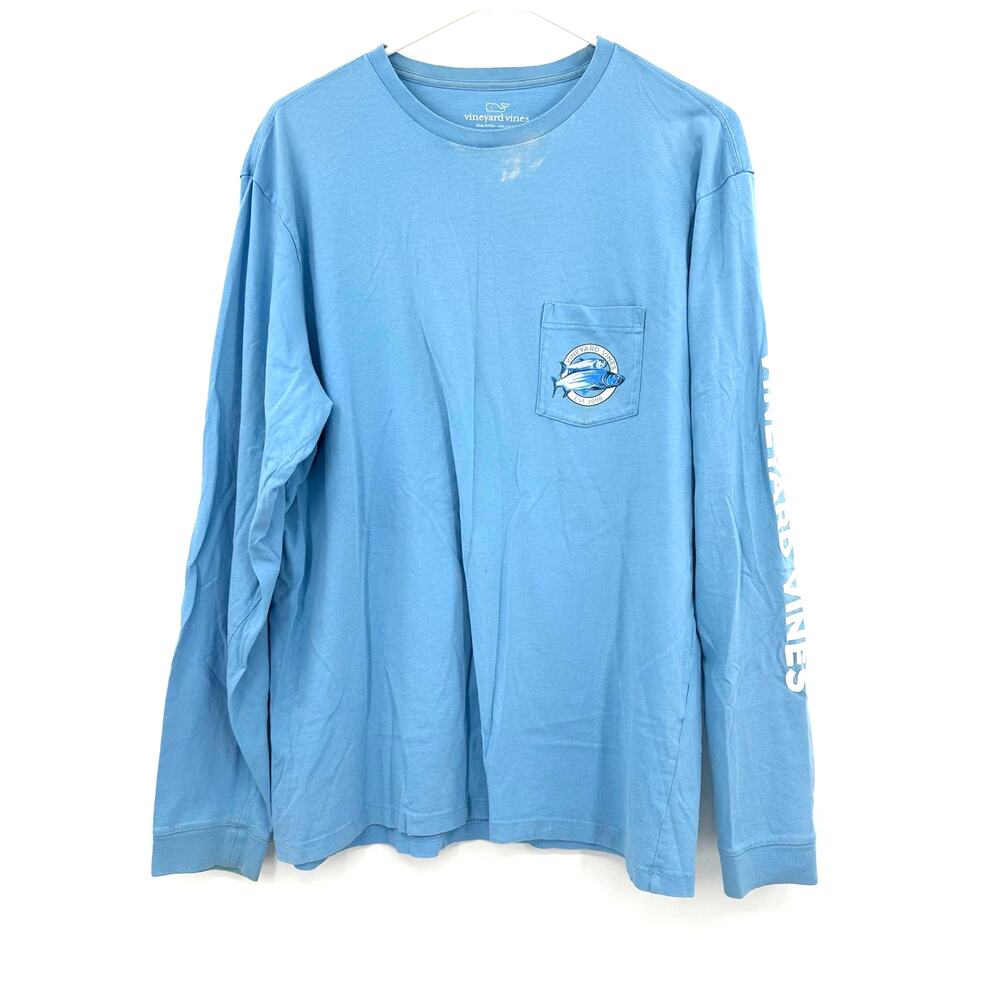 Vineyard Vines Size Large Long Sleeve Top Shirt Blue Fish Print Cotton